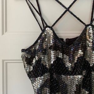 Floor Length Sequined Back & Silver Dress